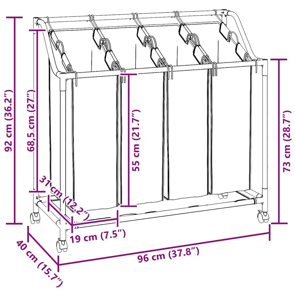 Laundry Sorter Cream 4 Bags Steel Frame Wheels Handles Dirty Clothes Organizer