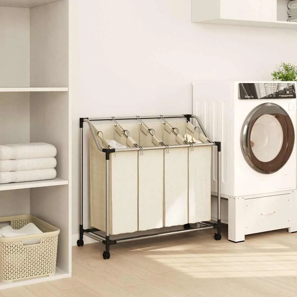 Laundry Sorter Cream 4 Bags Steel Frame Wheels Handles Dirty Clothes Organizer