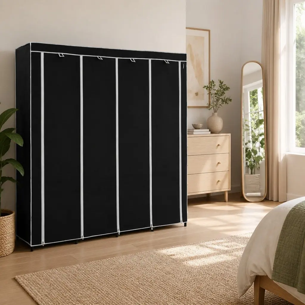 Wardrobe Storage Cabinet Black 175x45x170cm Four Compartments Clothes Organiser