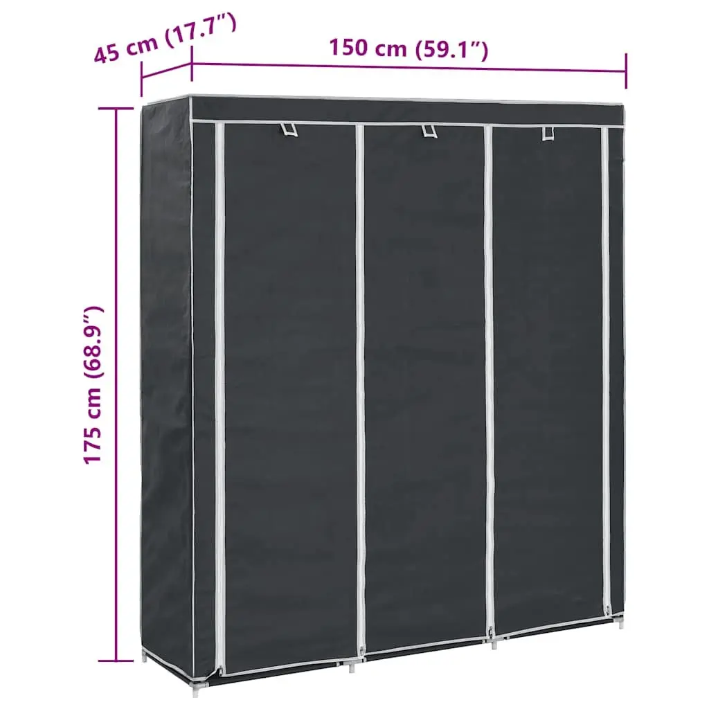 Portable Wardrobe Storage Cabinet Black 150x45x175cm Multiple Compartments and Rods