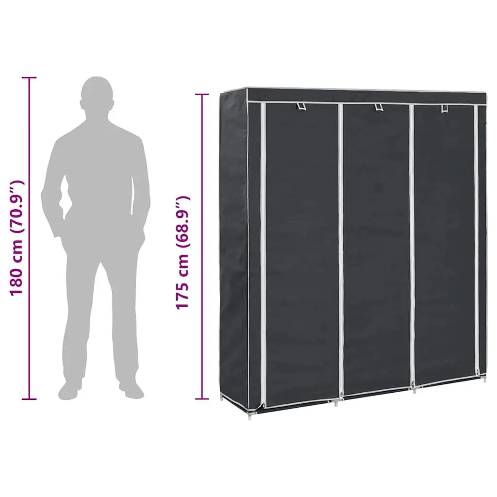 Portable Wardrobe Storage Cabinet Black 150x45x175cm Multiple Compartments and Rods