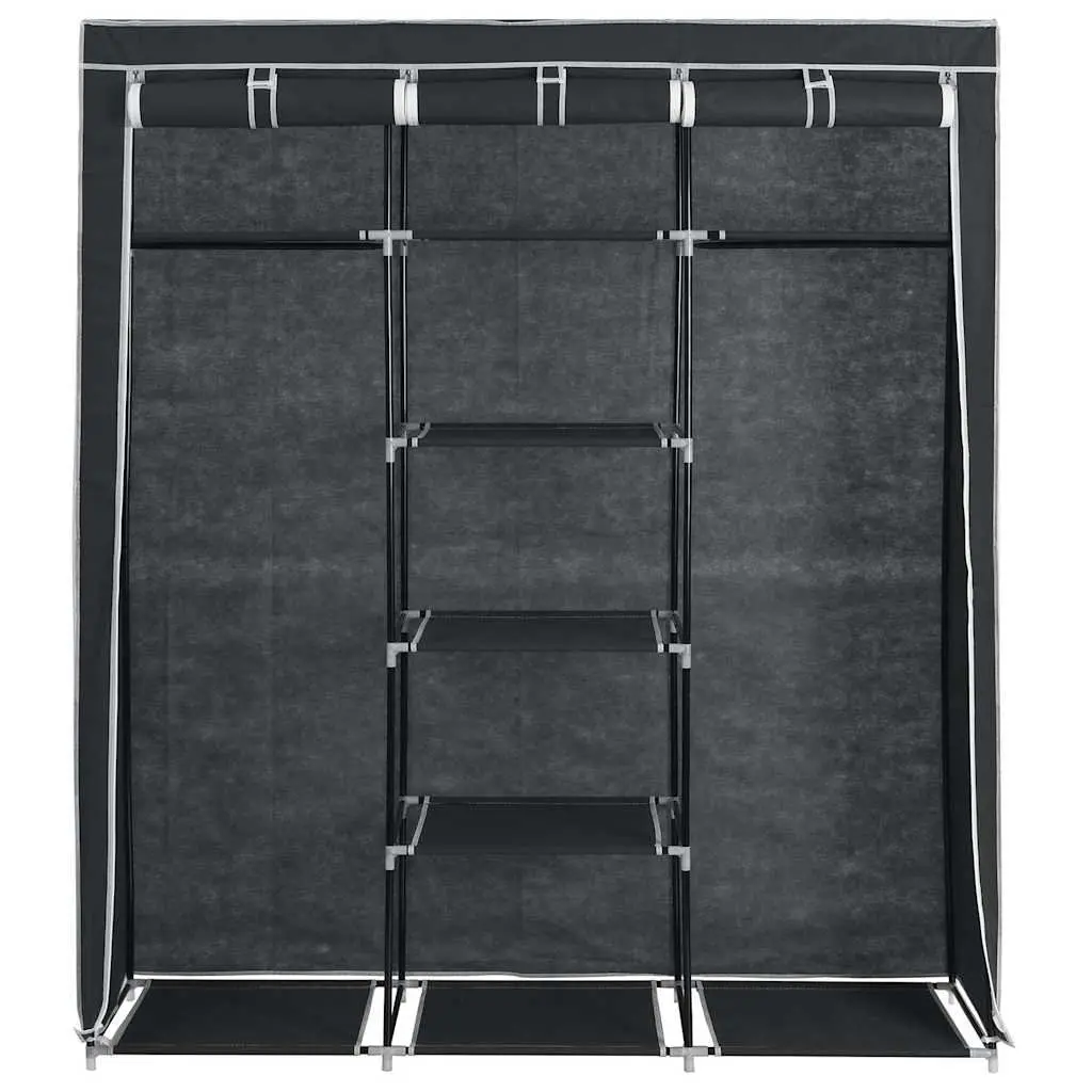 Portable Wardrobe Storage Cabinet Black 150x45x175cm Multiple Compartments and Rods