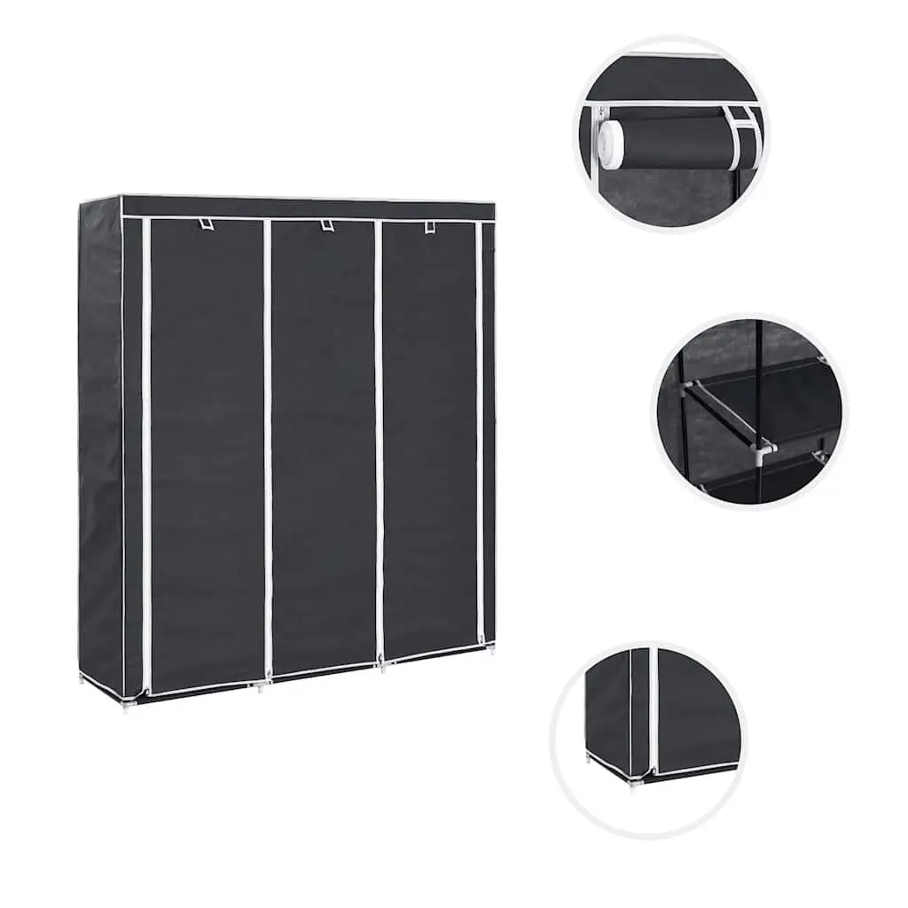 Portable Wardrobe Storage Cabinet Black 150x45x175cm Multiple Compartments and Rods