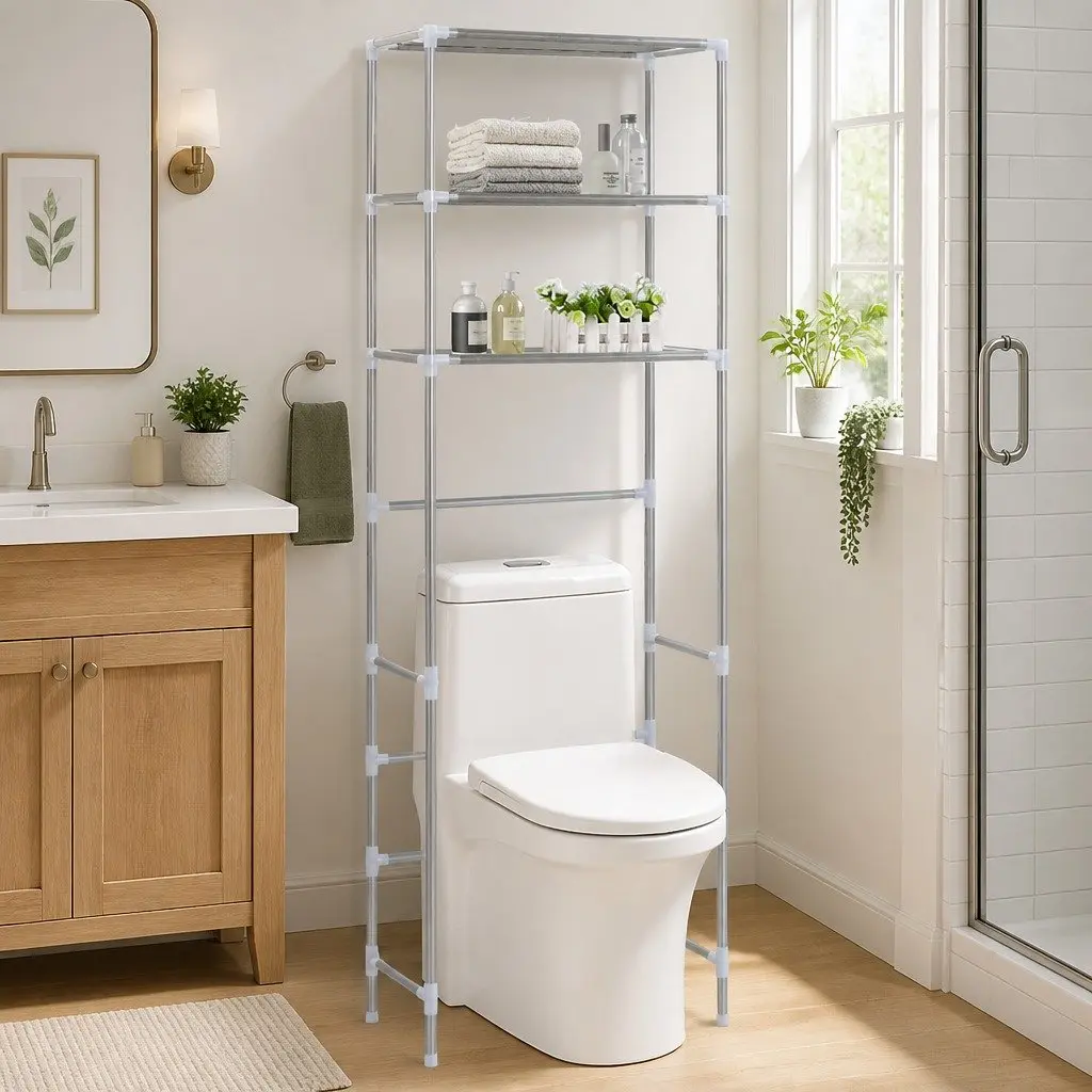Over Toilet Storage Rack Silver 3-Tier Stainless Steel Bathroom Organiser Shelf