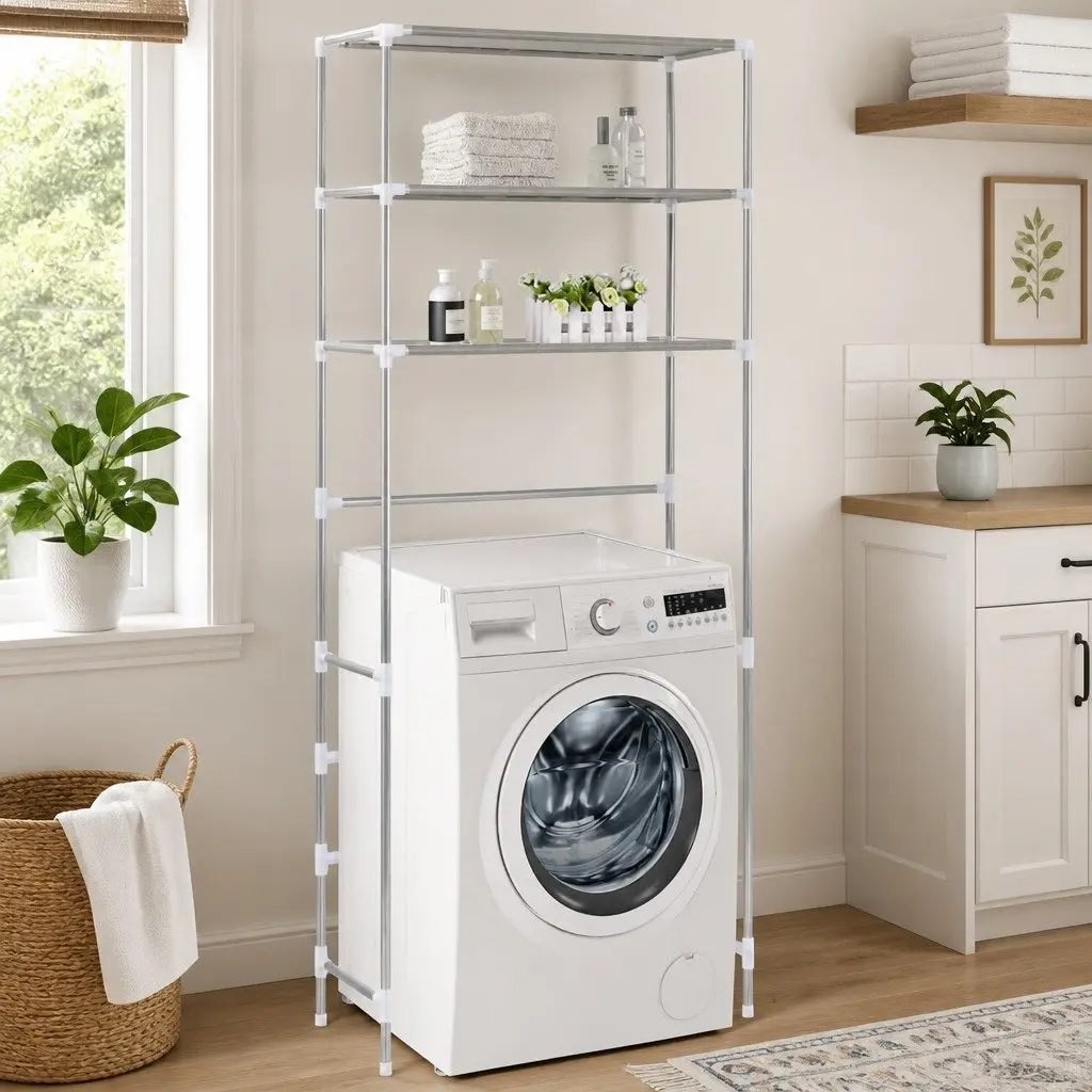 3-Tier Storage Rack Silver 69x28x169cm Over Laundry Machine Bathroom Organiser