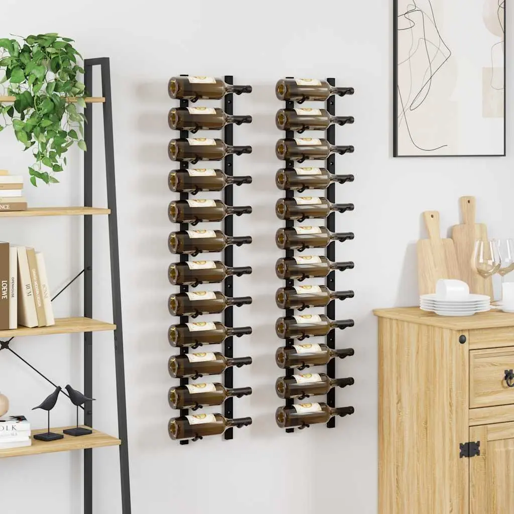 Wall Mounted Wine Rack 12 Bottles Black Iron Storage Organiser Set of 2