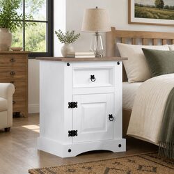 White Wooden Nightstand with Drawer and Cupboard