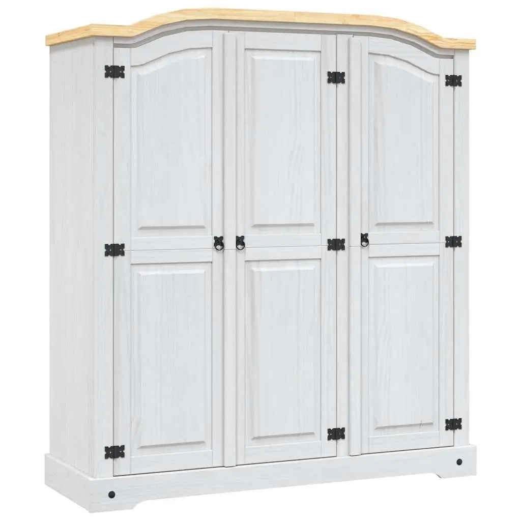 3-Door White Wooden Wardrobe Pine Cabinet with Domed Top and Multiple Compartments