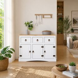 Compact White Pinewood Sideboard with Ample Storage
