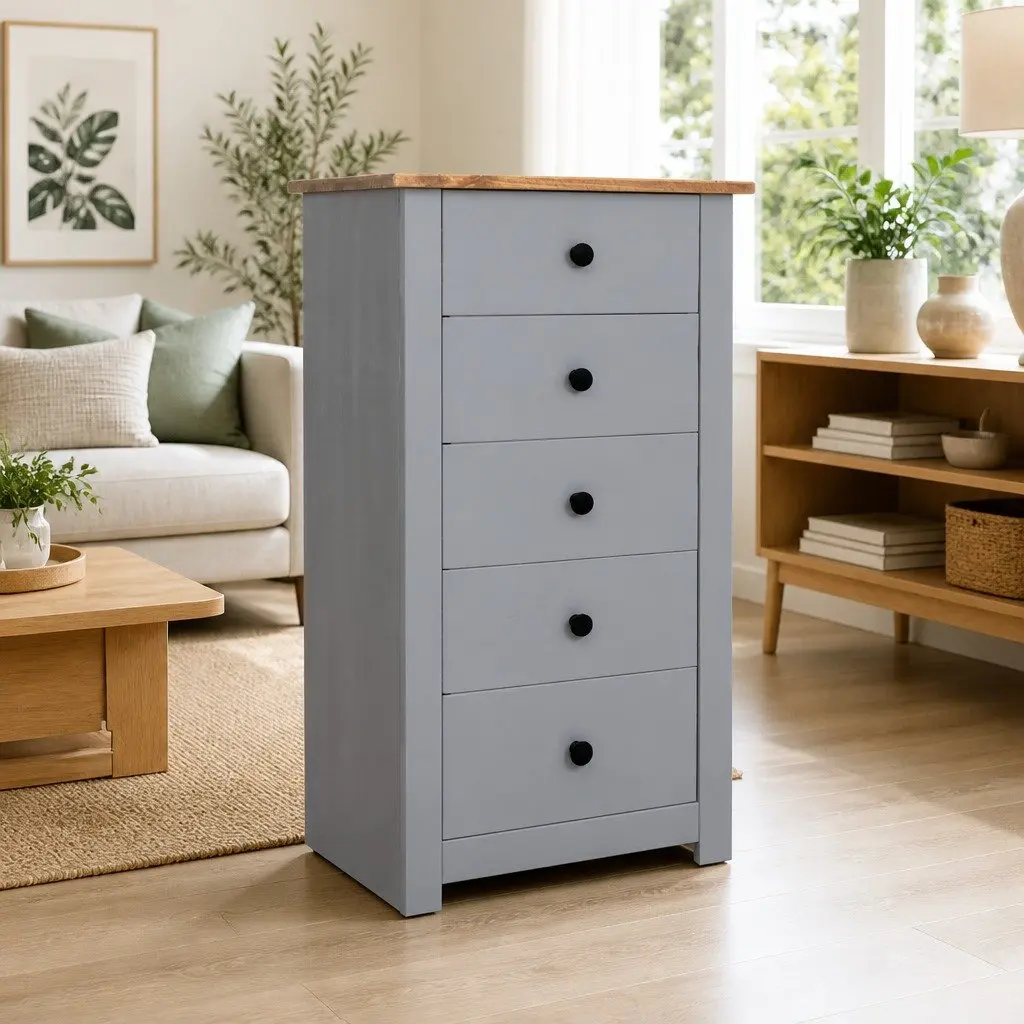 Sideboard Cabinet Grey Solid Pinewood 5 Drawer Storage Unit