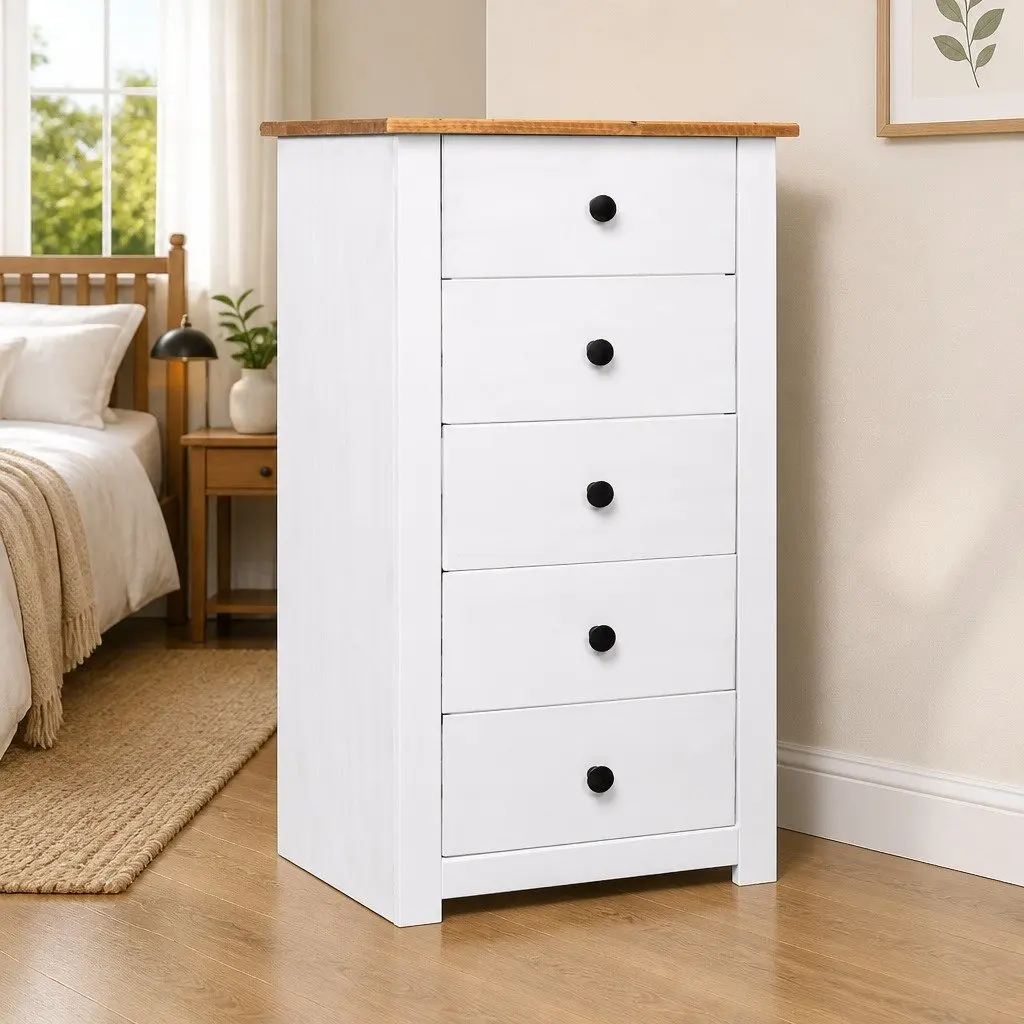 Pinewood Sideboard White 5 Drawer Storage Cabinet for Living Room Buffet Display