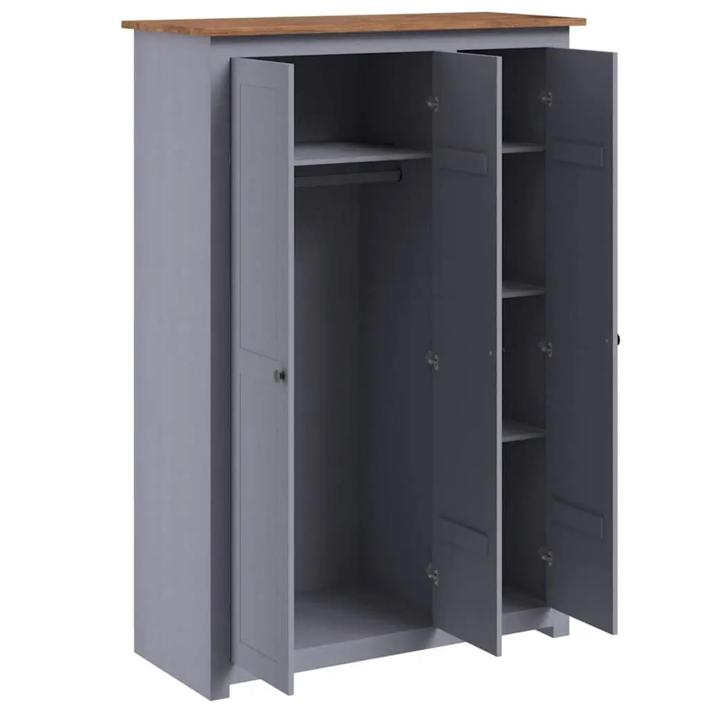 Grey 3-Door Wardrobe Storage Cabinet with Hanger Bar and 4 Fixed Shelves for Bedroom Organizing