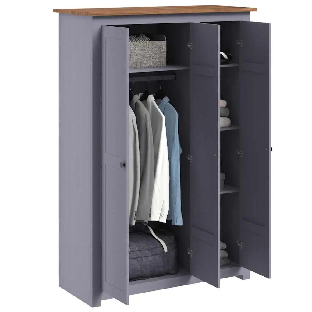 Grey 3-Door Wardrobe Storage Cabinet with Hanger Bar and 4 Fixed Shelves for Bedroom Organizing