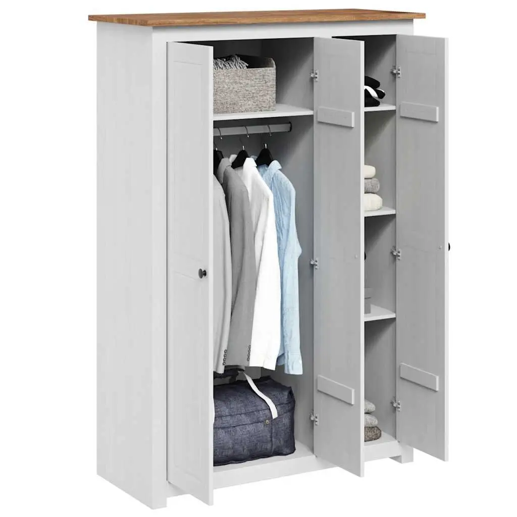 3-Door Wardrobe White Pine Storage Cabinet Bedroom Furniture with Shelves and Hanger Bar