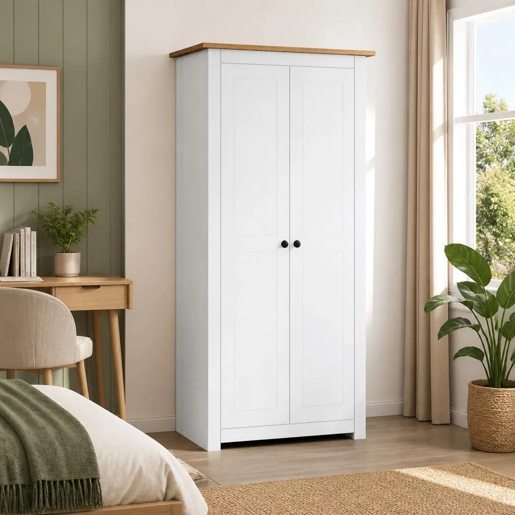Wardrobe White Solid Pine Compact Storage Cabinet with Hanging Rod and Shelf