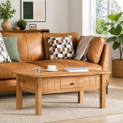 Solid Pine Wood Coffee Table with Drawer Brown Accent Furniture Living Room