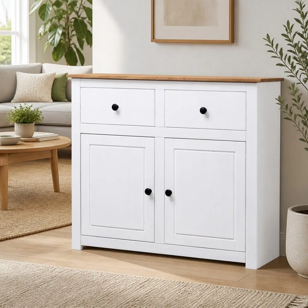 Sideboard White Solid Pinewood 2 Drawers 2 Doors Storage Cabinet