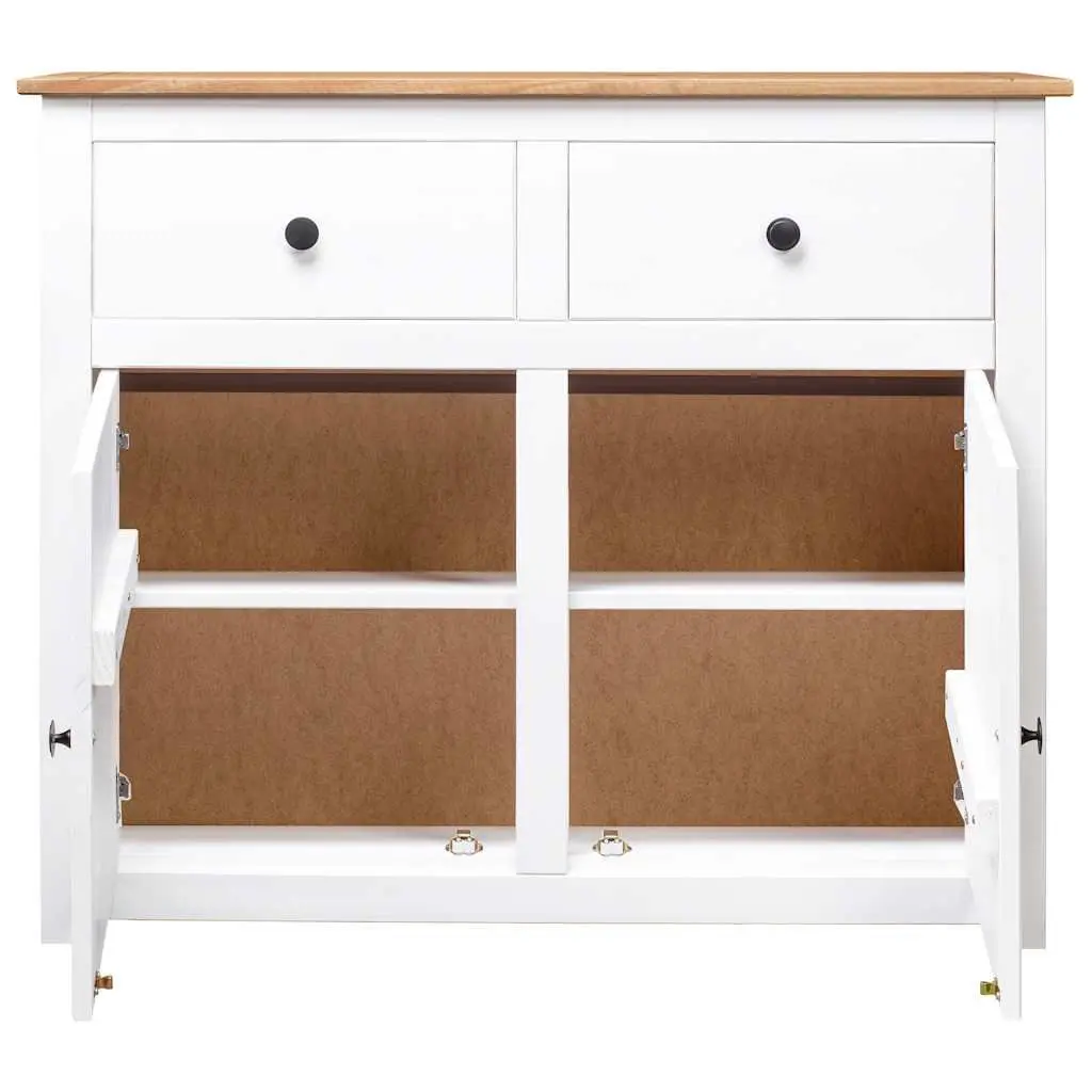 Sideboard White Solid Pinewood 2 Drawers 2 Doors Storage Cabinet
