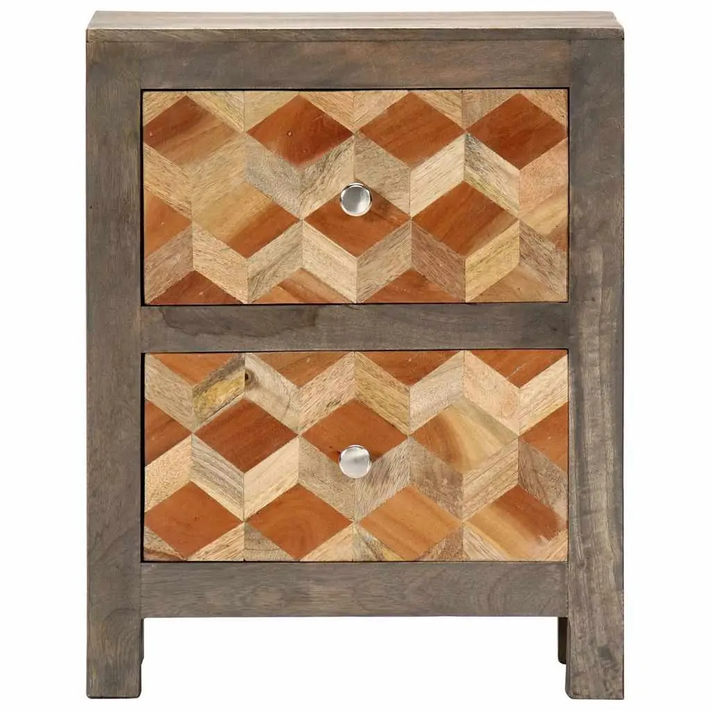 Bedside Table Grey Solid Mango Wood 2 Drawers Mid-Century Inspired Nightstand