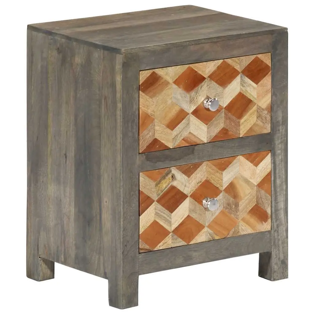 Bedside Table Grey Solid Mango Wood 2 Drawers Mid-Century Inspired Nightstand