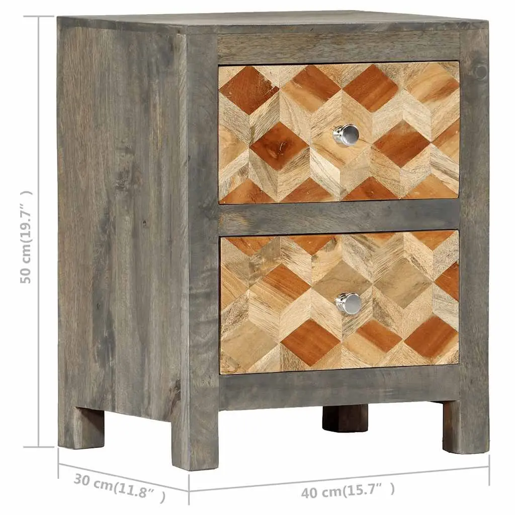 Bedside Table Grey Solid Mango Wood 2 Drawers Mid-Century Inspired Nightstand