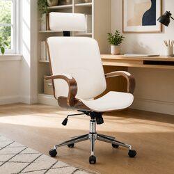 Swivel Office Chair in Cream Faux Leather with Headrest