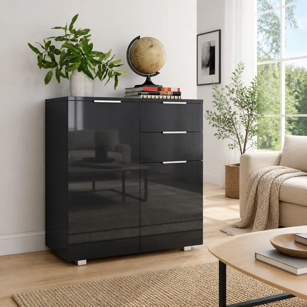 High Gloss Black Sideboard Engineered Wood 2 Doors 2 Drawers Storage Cabinet