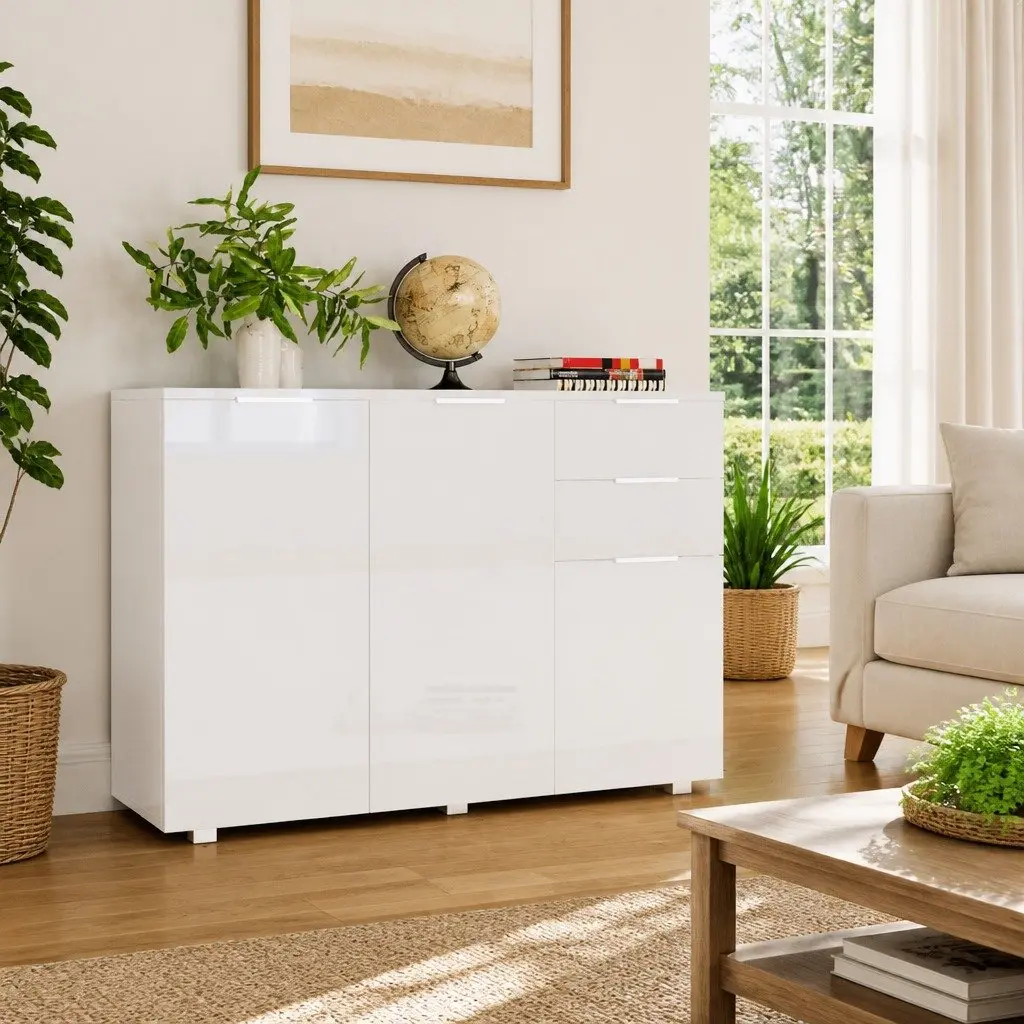 Sideboard White High Gloss 2 Drawers 3 Doors Storage Cabinet Living Room