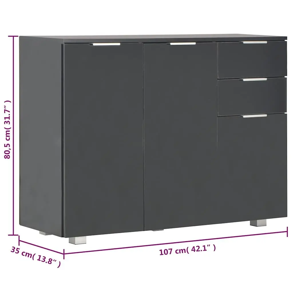 Sideboard Black 107x35x80.5cm High Gloss Storage Cabinet with 2 Drawers and 3 Doors