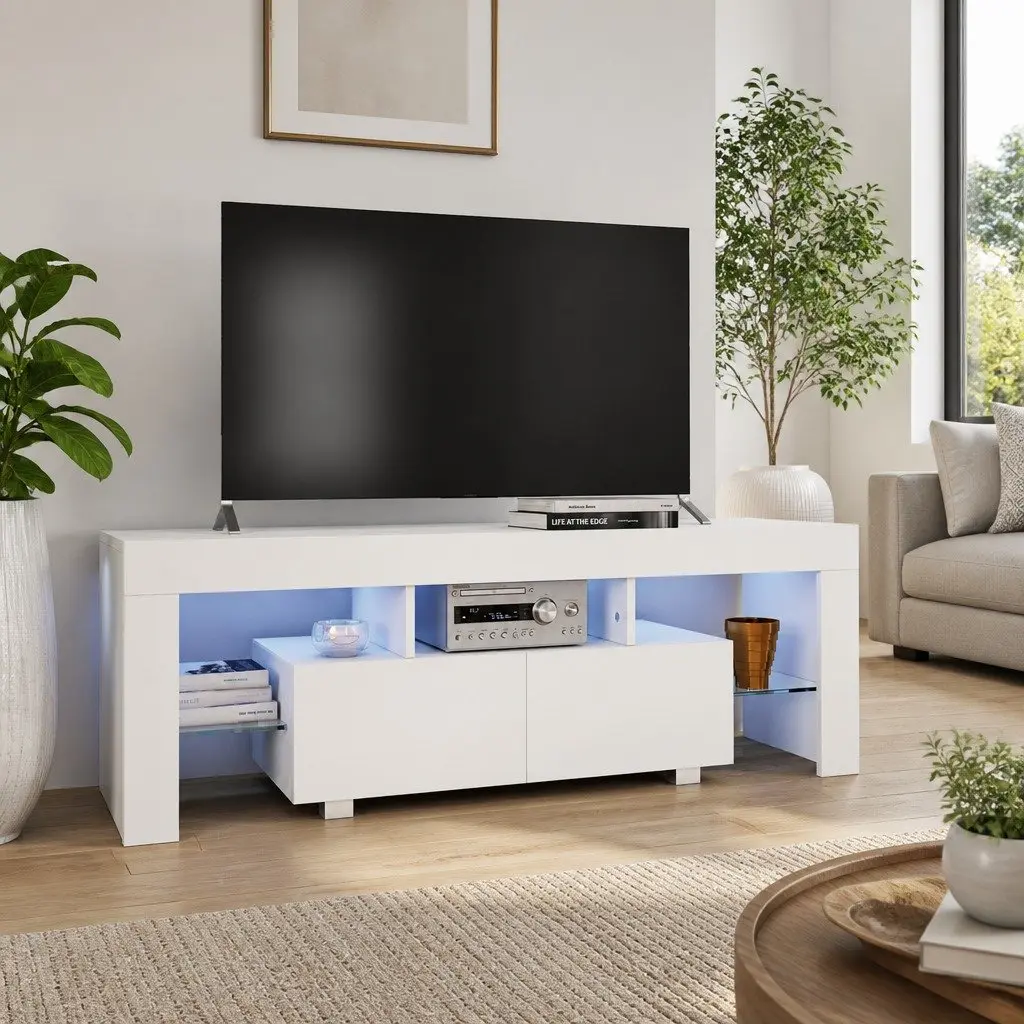 TV Cabinet Unit White High Gloss LED Lights Modern Living Room Storage
