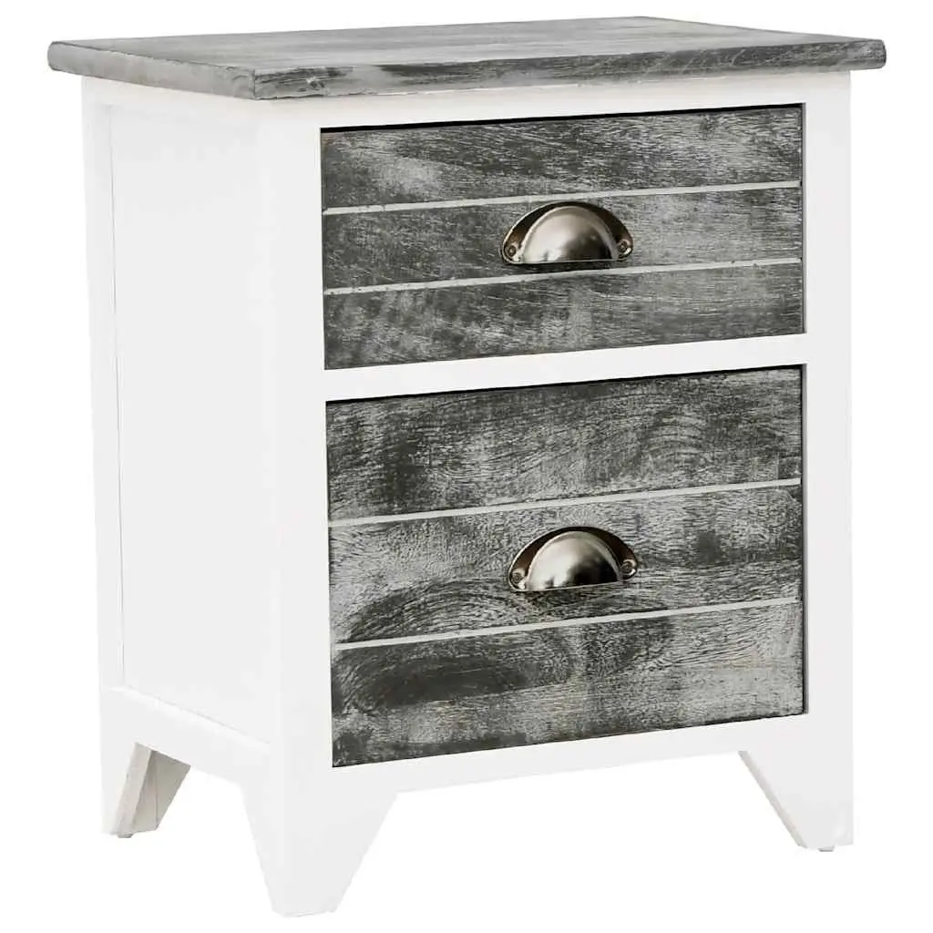 Grey White Nightstand Paulownia Wood 2 Drawer Compact Storage Bedside Table