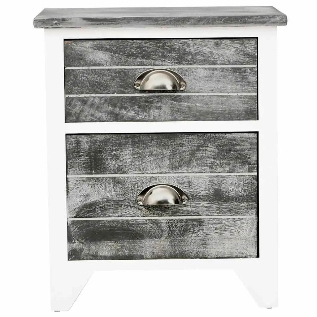 Grey White Nightstand Paulownia Wood 2 Drawer Compact Storage Bedside Table