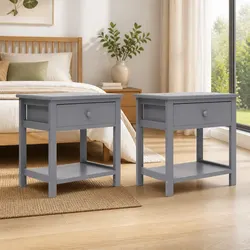 Grey Bedside Tables - 2 pcs, Solid Wood Construction