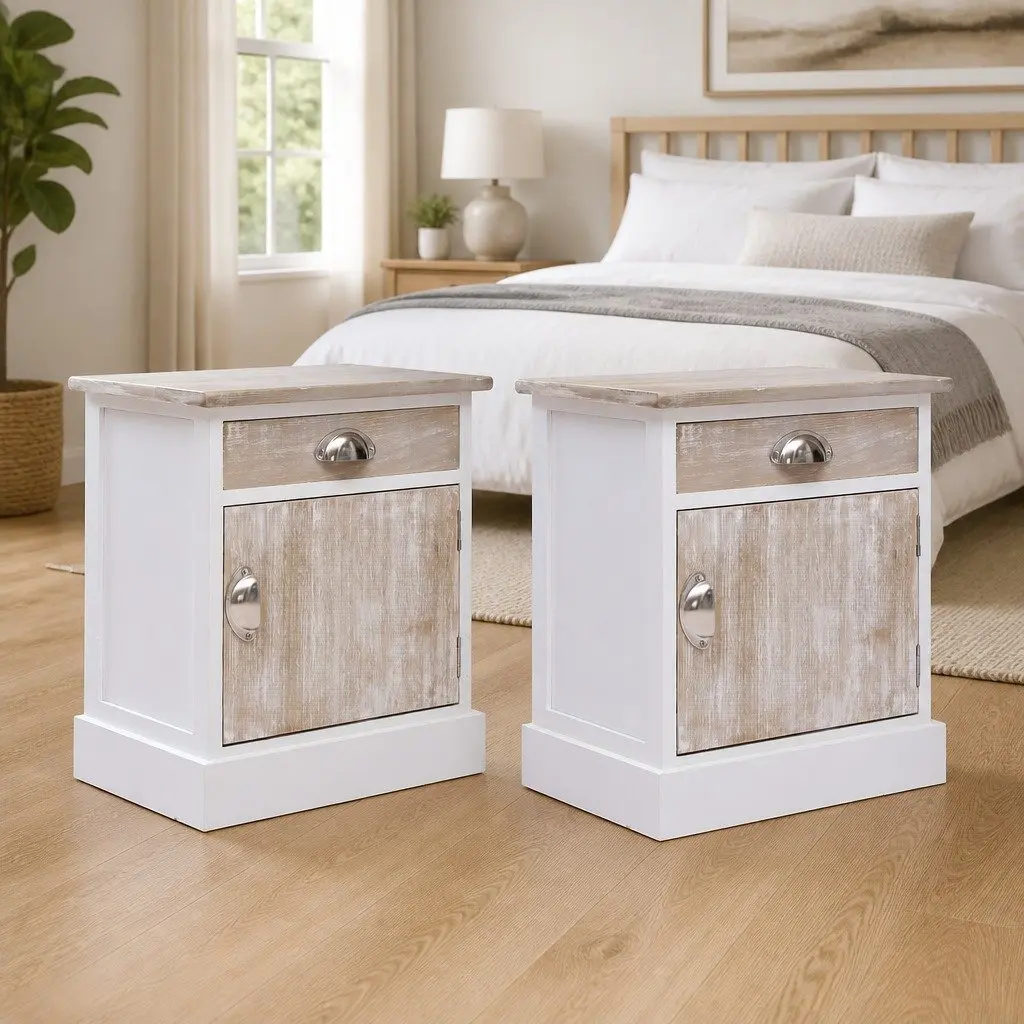 Bedside Cabinet White Paulownia Wood Storage Drawer Door Set of 2