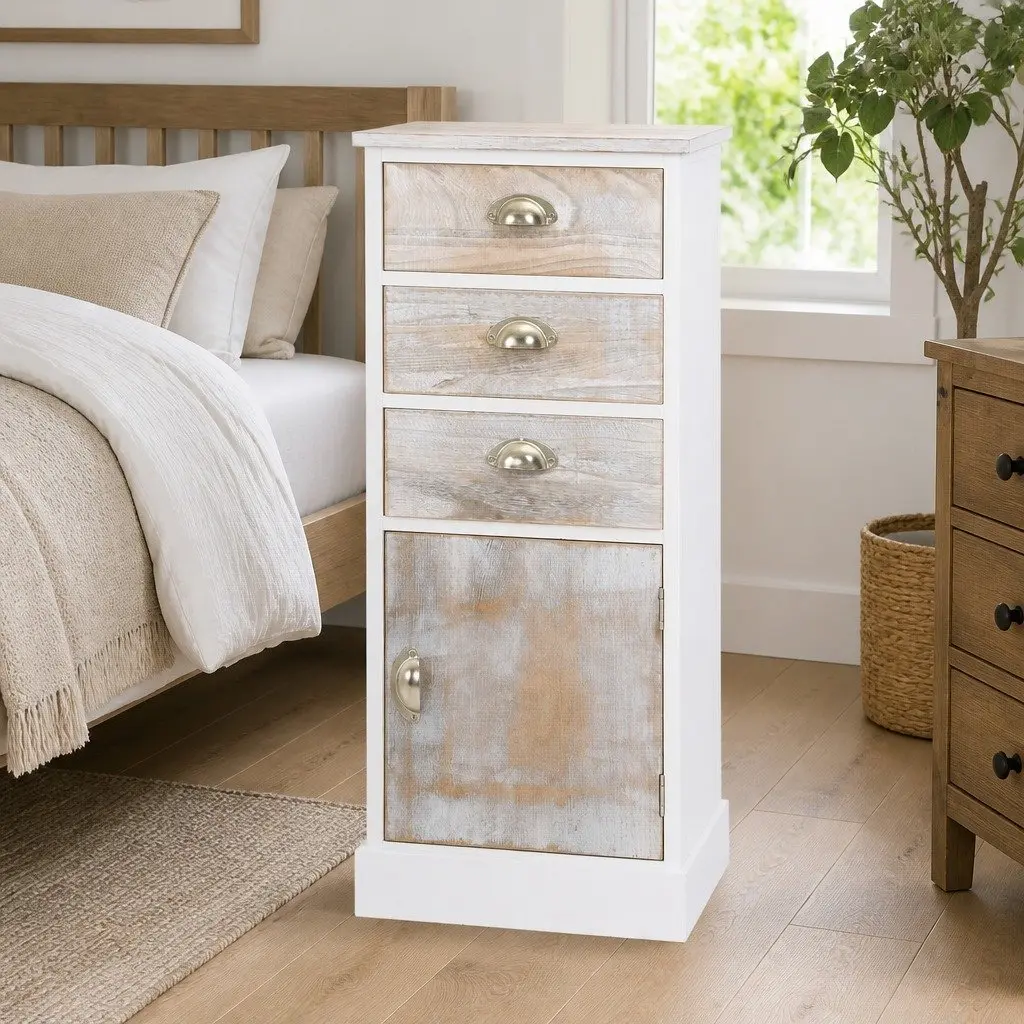White Wooden Side Cabinet 3 Drawer 1 Door Chest Storage Furniture Bedroom