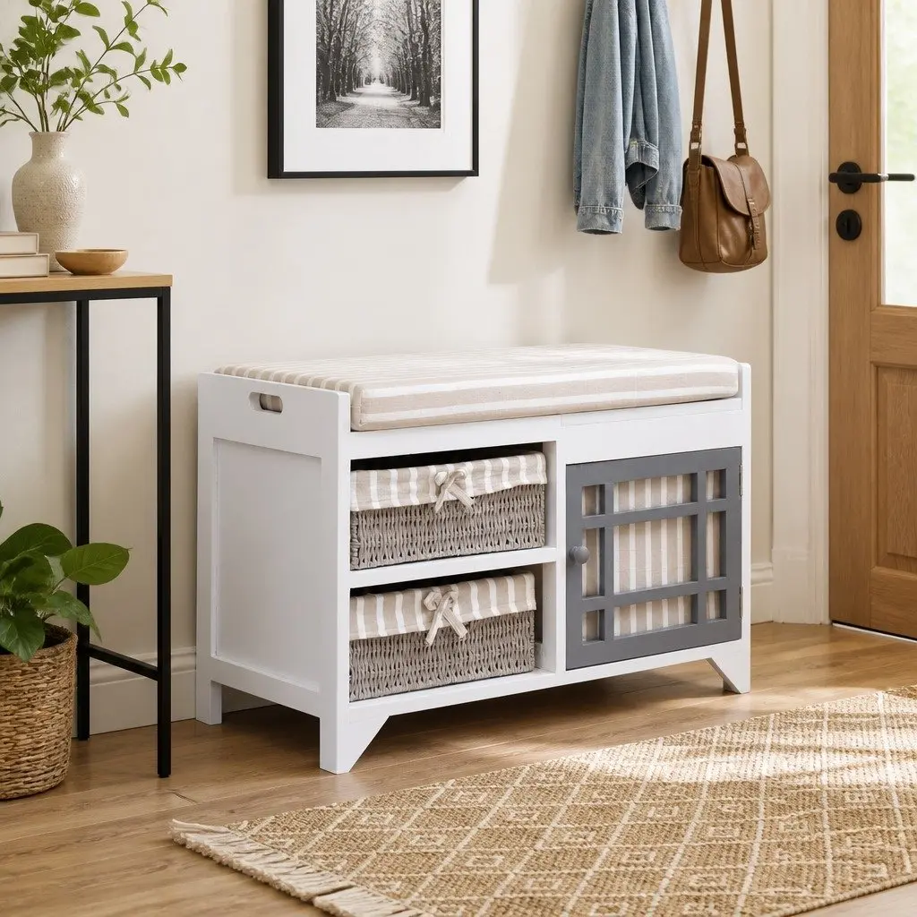 White Hall Bench with Cushion and Storage