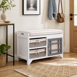 Compact White Hall Bench with Cushion and Storage