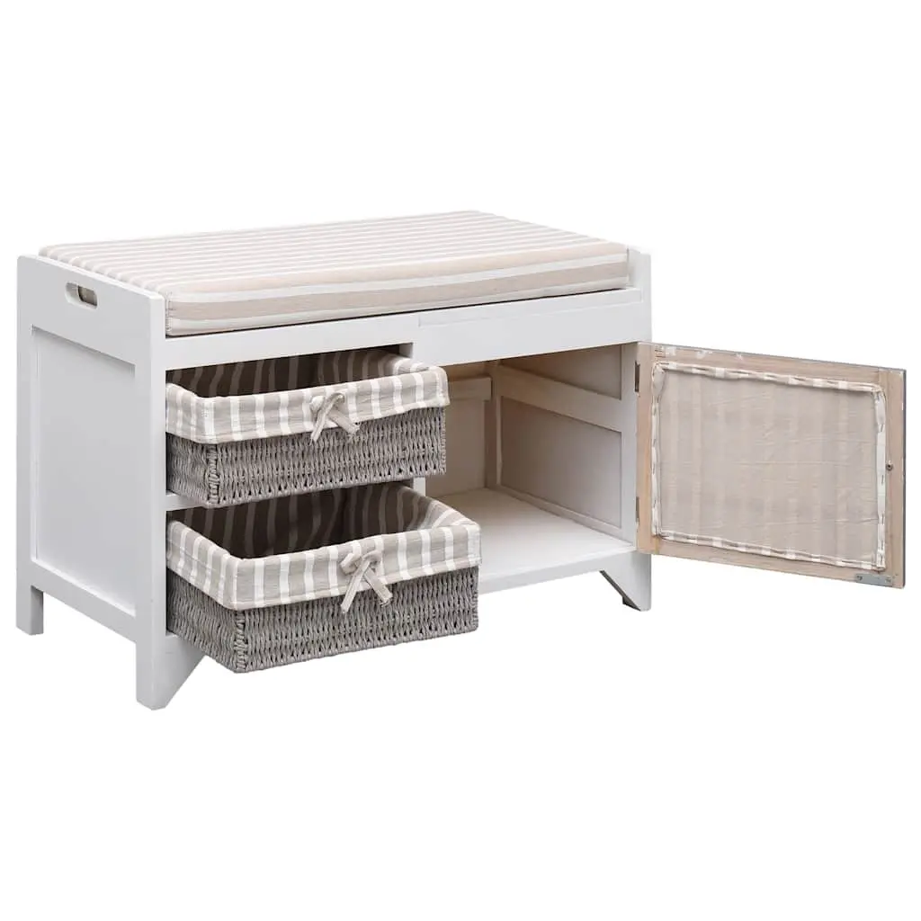 Hall Bench White Paulownia Wood 70 x 33.5 x 45 cm Storage with Cushion and Drawers