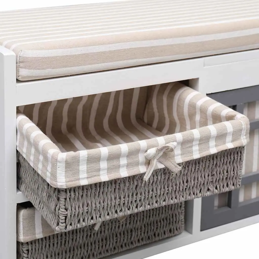 Hall Bench White Paulownia Wood 70 x 33.5 x 45 cm Storage with Cushion and Drawers