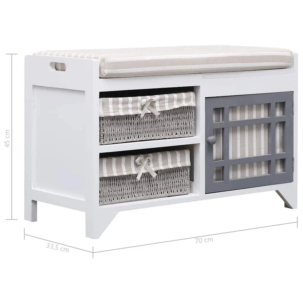 Hall Bench White Paulownia Wood 70 x 33.5 x 45 cm Storage with Cushion and Drawers