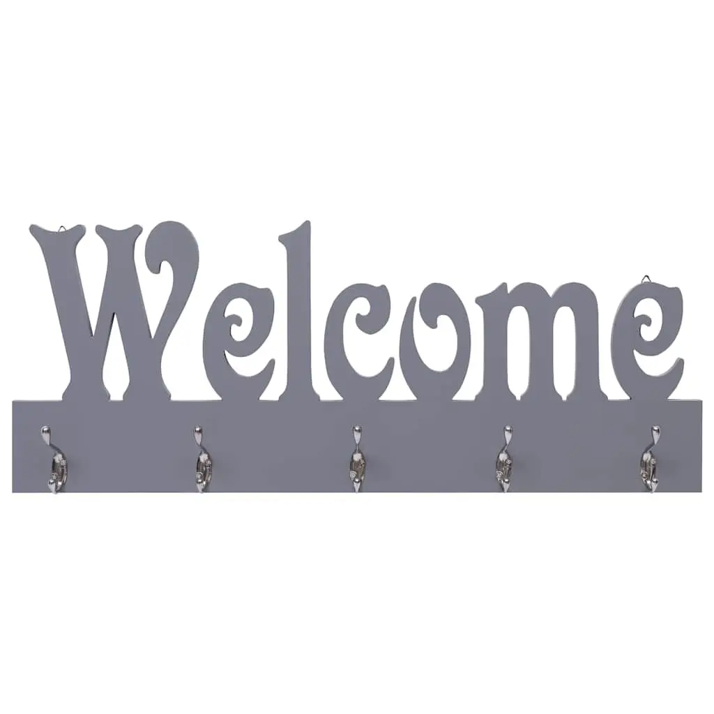 Wall Mounted Coat Rack Grey 74 x 29.5 cm 5 Hooks with Welcome Lettering
