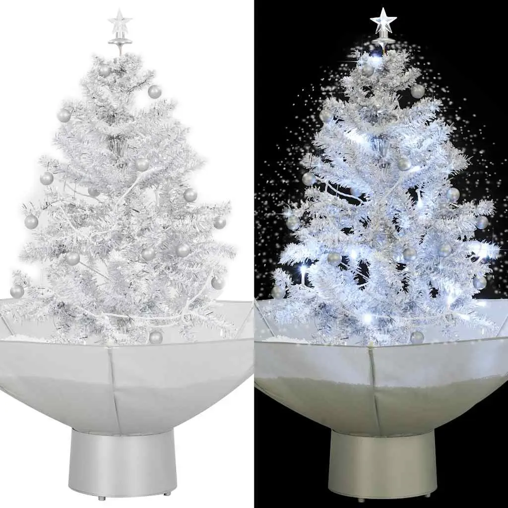 White Snowing Christmas Tree with Lights Baubles Ornaments Umbrella Base 75cm