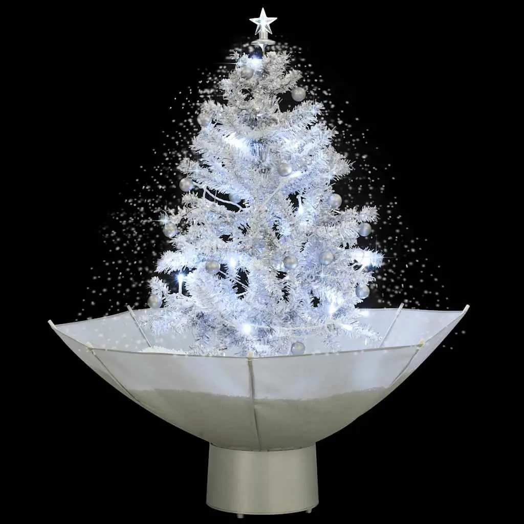 White Snowing Christmas Tree with Lights Baubles Ornaments Umbrella Base 75cm