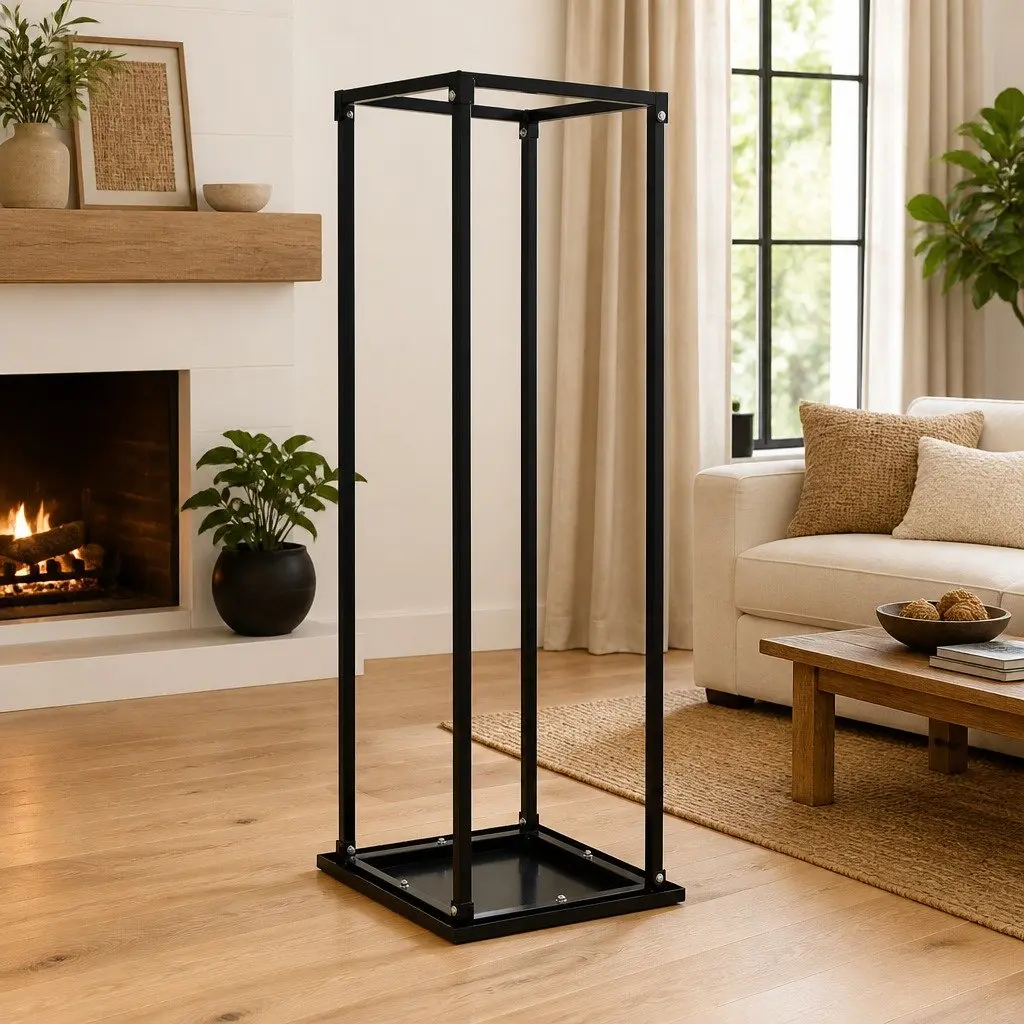 Firewood Rack Black Rectangular Steel Holder with Base