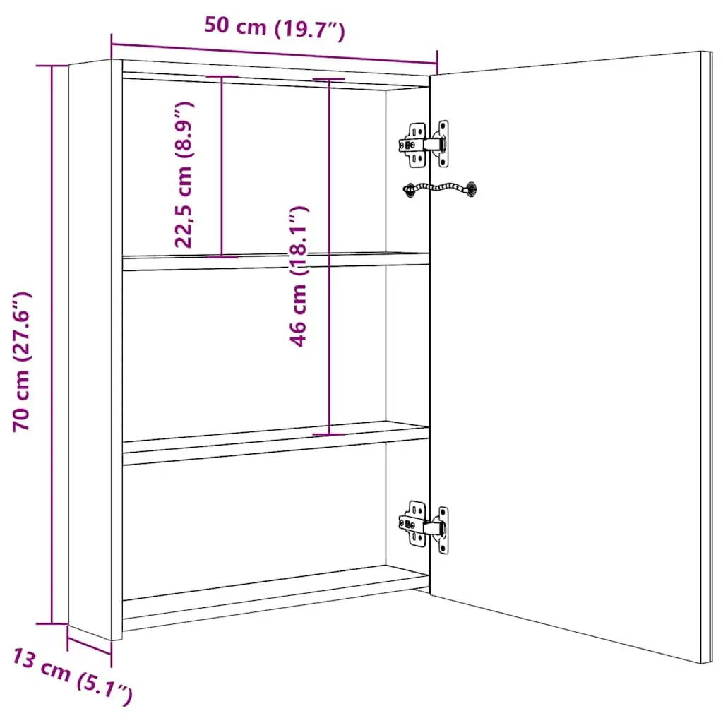 LED Bathroom Mirror Cabinet White 50x13x70cm Wall Mount with Integrated LED Lighting and Multiple Shelves