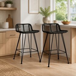 Bar Stools Set 2 pcs Black Rattan Seating Kitchen Counter Pub Chairs
