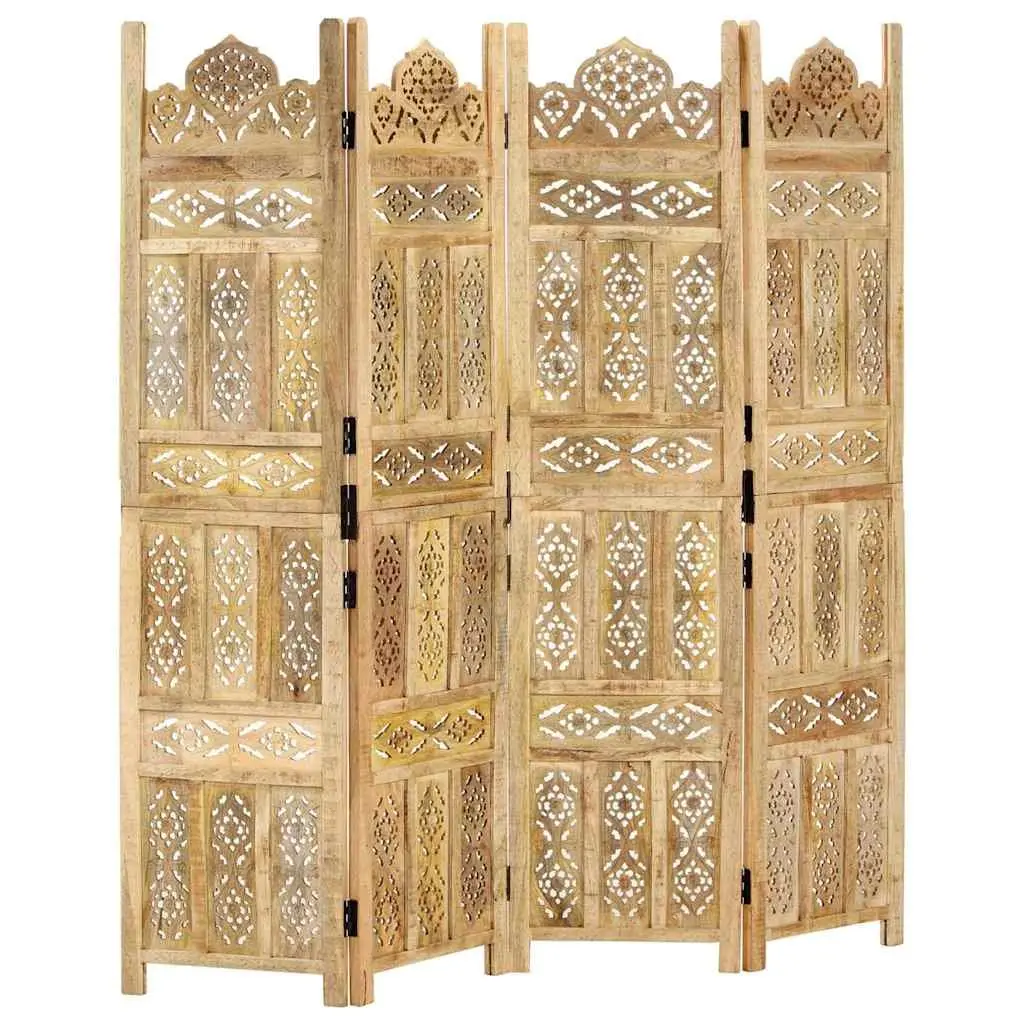 Room Divider 4-Panel Hand Carved Wooden Folding Screen Privacy Partition