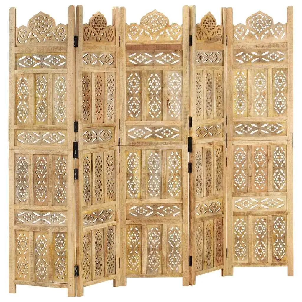 Room Divider 5-Panel Hand Carved Brown Wooden Folding Screen Privacy Partition