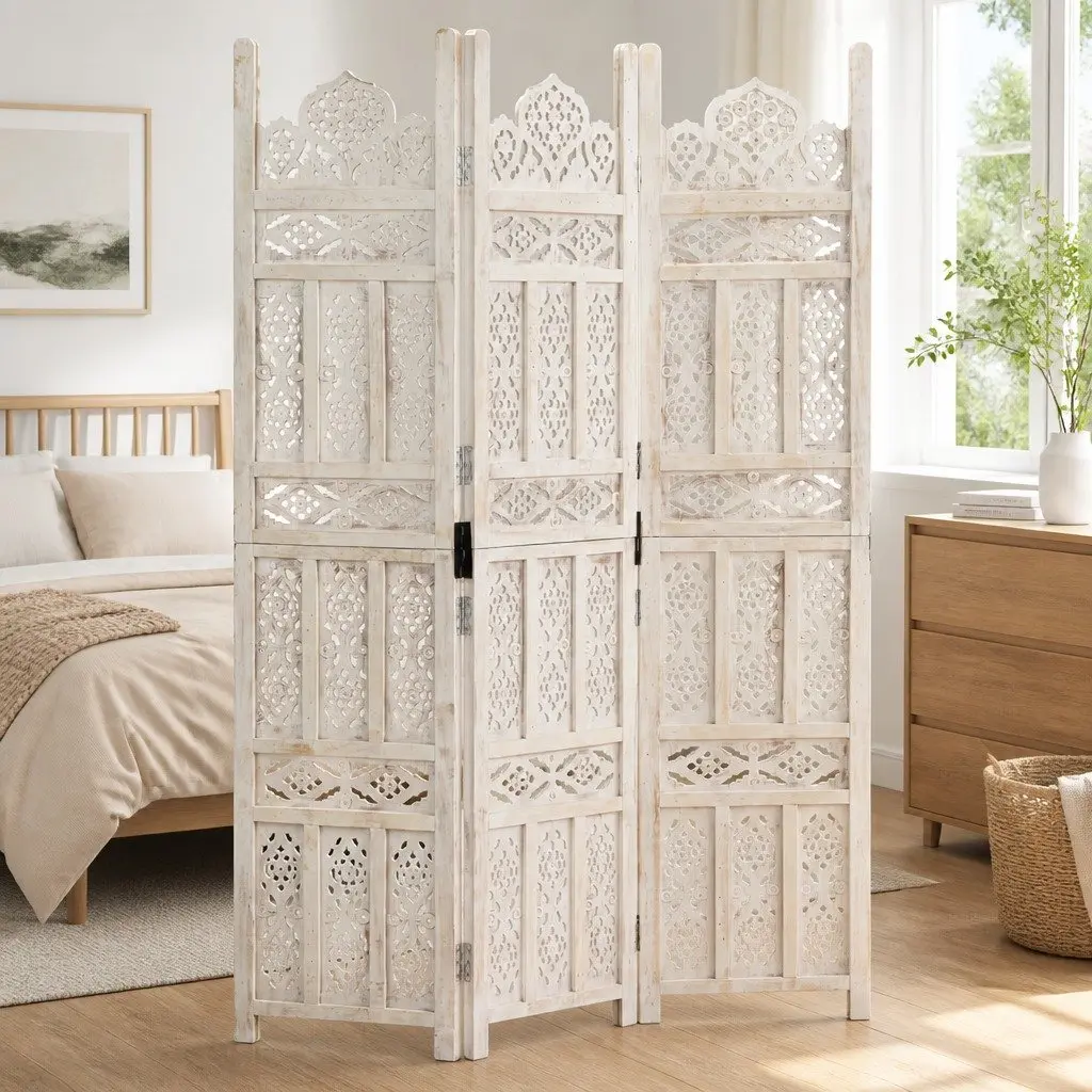 Folding Room Divider White 120x165 cm Hand Carved 3-Panel Privacy Screen