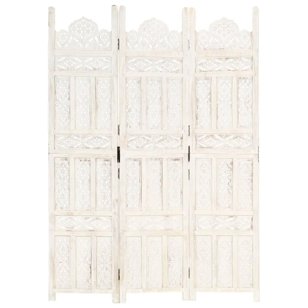 Folding Room Divider White 120x165 cm Hand Carved 3-Panel Privacy Screen